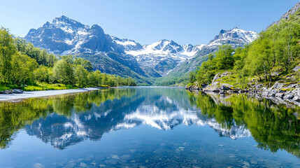 Fototapeta premium Mountain lake reflection, spring, Norway