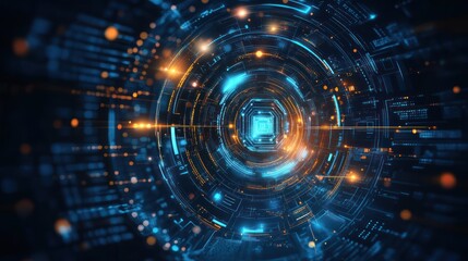 Obraz premium Digital data flow tunnel, futuristic tech background, glowing circles, network visualization
