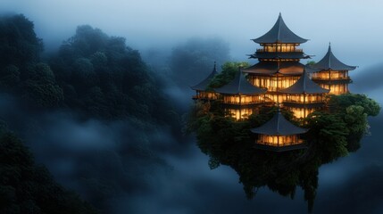 Fototapeta premium Enchanted Floating Palace Amidst Foggy Mountains at Sunrise