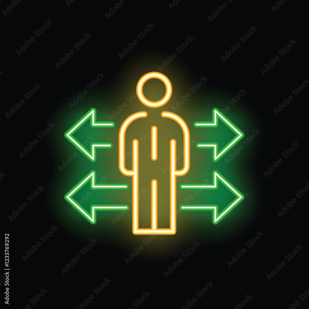 Poster neon sign of a businessman standing and making a decision choosing the right direction, with multipl