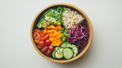 Vibrant Veggie Bowl: A vibrant and colorful bowl filled with an array of fresh vegetables, including avocado, bell pepper, tomato, cucumber, and red cabbage, sitting on a bed of brown rice.