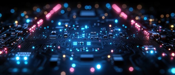 Obraz premium Close-up of a vibrant circuit board with glowing lights