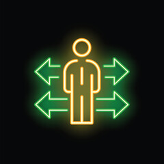 Neon sign of a businessman standing and making a decision choosing the right direction, with multiple arrows pointing in different directions