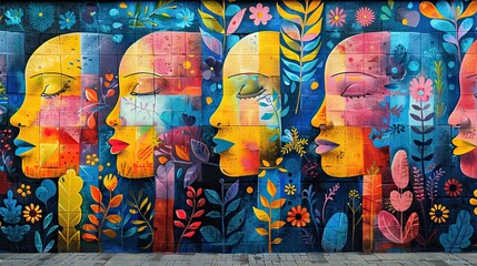 A community mural celebrates the stories of its people in this vibrant flat design piece