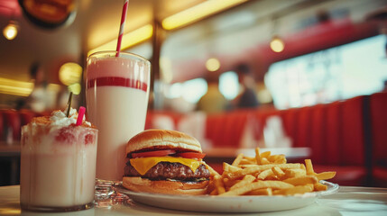 Retro Diner Meal with Burger, Fries, and Milkshake
