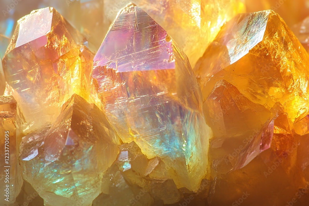 Poster glowing crystal structure with iridescent sheen and sharp edges in warm light