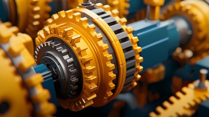Close-up view of interlocking gears with a striking yellow and blue color scheme, showcasing mechanical precision and engineering design.