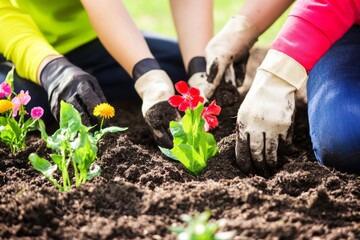 Fototapeta premium Gardening team planting colorful flowers in soil outdoors.
