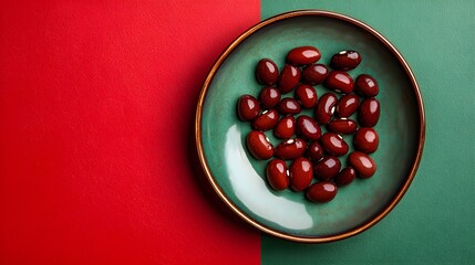 Red beans on a green plate, with a red and green background, in a minimalist style. High-resolution photography, high quality. 