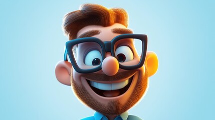 Fototapeta premium A happy, smiling cartoon character of an adult man, wearing a blue shirt and large glasses, is depicted in a 3D style on a light background.