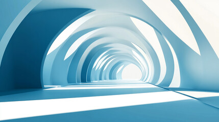 blue room with a window, Minimalist white architecture interior with stairs and columns, sunlight.