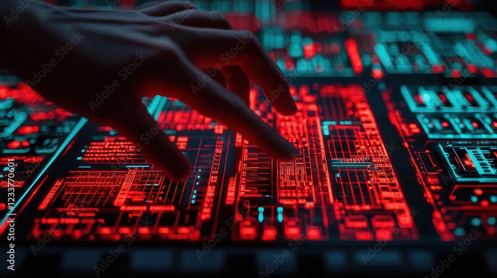 Poster futuristic interface interaction in red and blue light