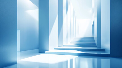 Obraz premium blue room with a window, Minimalist white architecture interior with stairs and columns, sunlight.
