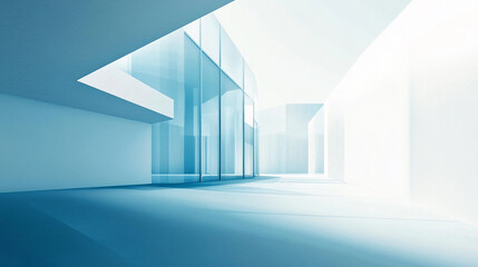 Obraz premium General Futuristic Empty Room, Light-filled room, blue walls, chairs, sunbeams.