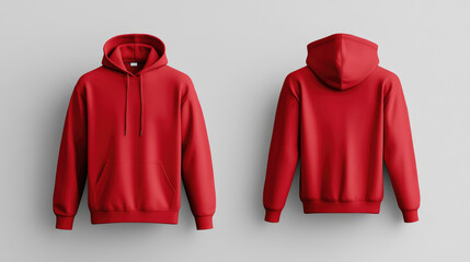 front view and rear view Red hoodie front and back view on minimal gray background, showcasing stylish design. Perfect for casual wear and comfort. hoodie jacket mockup