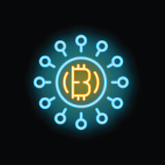 Neon sign is glowing, showing bitcoin's symbol at the center of interconnected nodes, symbolizing the decentralized nature of cryptocurrency