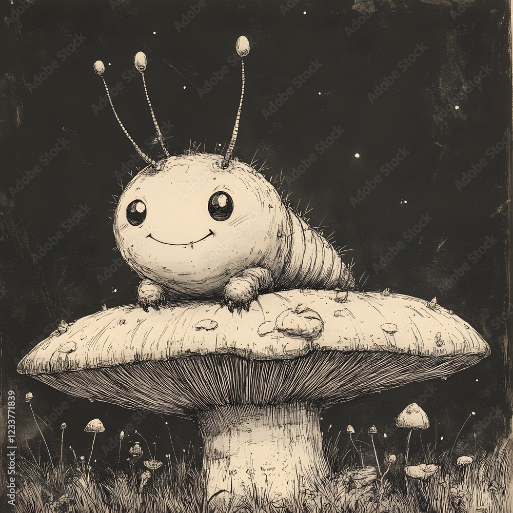 Poster playful blackandwhite illustration of a caterpillar with exaggerated features sitting on a comically