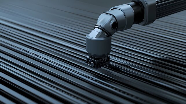 A close-up of a mechanical component interacting with parallel grooves, showcasing precision engineering and industrial design.
