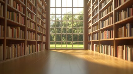 A Tranquil Library Scene Featuring Lush Greenery Illuminated by Natural Light Streaming Through Windows