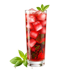 Chilled Rooh Afza with Ice Cubes and Basil Seeds in a Tall Glass on White Background