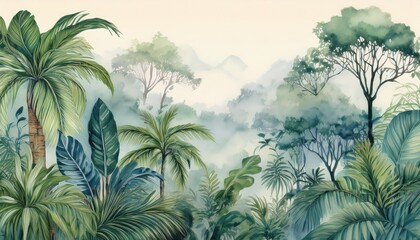 Vibrant Retro Jungle Landscape Watercolor Wallpaper with a Lush Tropical Setting, Evoking a Sense of Adventure and Wanderlust