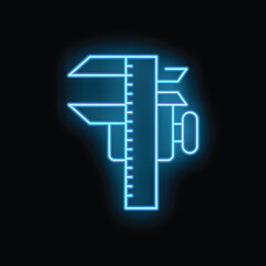 Blue neon sign of a vernier caliper glowing on a dark background, representing engineering and precision measurement