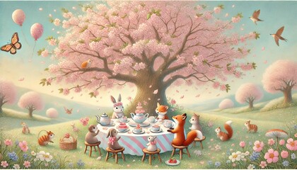 A Delightful Springtime Tea Party Under the Blossoming Cherry Tree with Adorable Animals