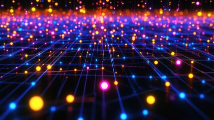 Obraz premium Abstract network glowing nodes, digital data flow, dark background, futuristic technology
