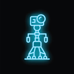 Blue glowing neon line action camera on a tripod icon isolated on black background