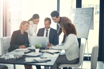 Business, people and meeting on laptop in boardroom of brainstorming, reading email and insurance report. Staff, online and review policy for investment, funding feedback and banking loan of proposal