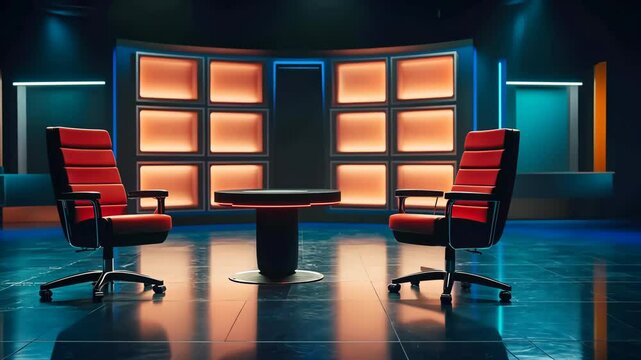 Studio setup with modern red chairs and glowing backdrop, prepared for a talk show at night