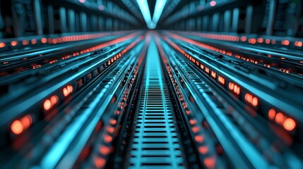 A futuristic, abstract view of illuminated lines converging, resembling a high-tech data center or digital landscape.