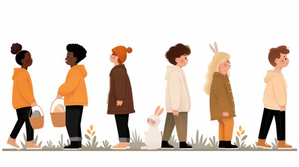 Fototapeta premium Illustration Easter egg hunt scene featuring diverse children, baskets in hand, and a friendly bunny, capturing the spirit of togetherness and festivity