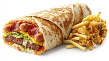 Loaded meaty wrap with fries, fast food meal