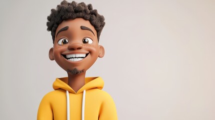 A joyful African cartoon character boy or young man in 3D style, smiling brightly against a light background.