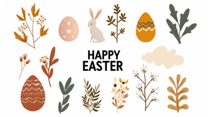 Obraz premium Easter elements Illustration with Eggs, Rabbit, and Botanical Elements for Celebrating Spring and Holiday Cheer in a Modern Design