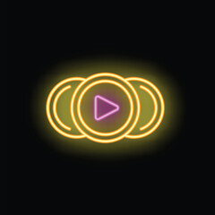 Fototapeta premium Glowing neon play button is shining in purple and yellow light on a black background