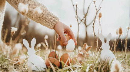 Easter A Person's Hand Reaches Out to Collect a White Egg Among Colorful Easter Eggs Surrounded by Playful Bunny Decorations in a Sunlit Meadow