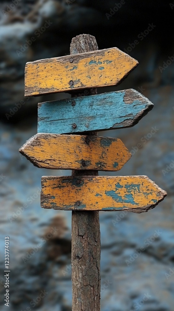 Poster rustic wooden signpost with four arrows pointing different directions against blurred background
