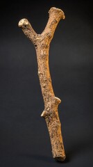 Fototapeta premium Brown tree branch with rough texture against a dark background in a studio setting