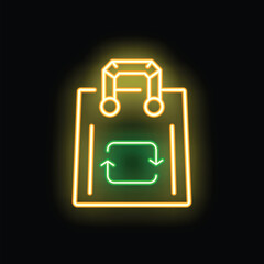 Glowing neon sign of a shopping bag with a recycling symbol, promoting sustainability and eco friendly practices