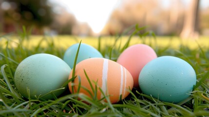 Fototapeta premium Easter Eggs in Fresh Spring Grass Creating a Vibrant Scene of Joy and Celebration for Seasonal Festivities and Family Gatherings Outdoors