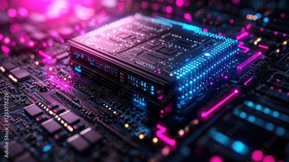 Poster close-up of a glowing microchip on a circuit board