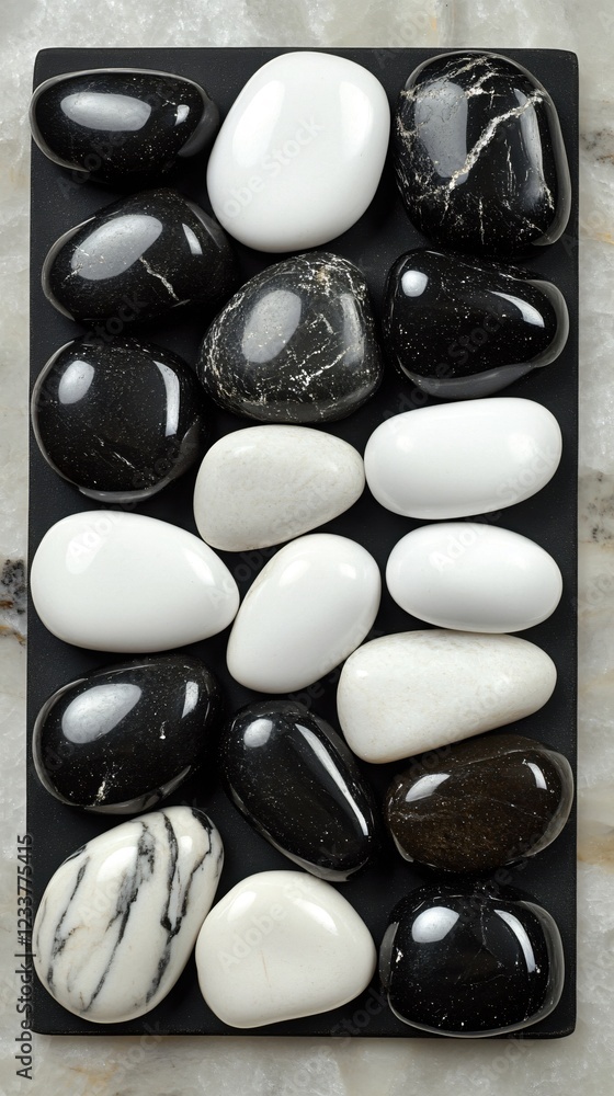 Poster smooth stones arranged in a pattern on a dark surface with a textured background creating contrast