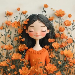 Eco-friendly Kawaii cartoon, 3D Girl surrounded by cheerful orange flowers, copy space for text