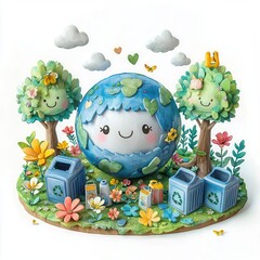 Eco-friendly Kawaii cartoon, 3D Playful Earth with trees and recycling bins, copy space for text
