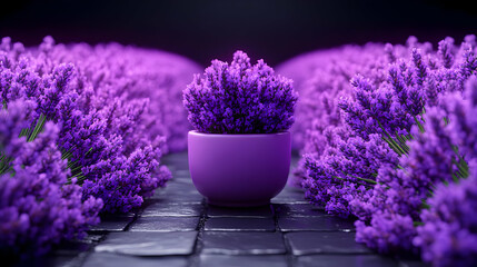 Fototapeta premium Purple Lavender Plant in Pot Surrounded by Flowers