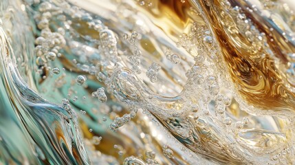 A macro shot showcasing a mesmerizing mixture of flowing oil and water, creating transparent bubbles and abstract shapes with a glistening effect.