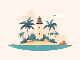Lighthouse on Tropical Island: A charming illustration depicts a lighthouse standing tall on a lush tropical island, surrounded by swaying palm trees and nestled in the tranquil blue waters.