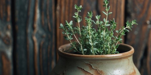 Thyme in a rustic pot on a dark wooden background